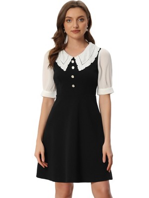 Allegra K Women's Peter Pan Collar Short Sleeve Flare Skater Mini Vintage Party Dress X-Small Burgundy - View #2