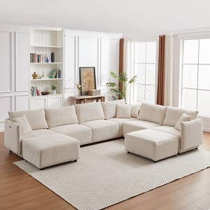 VYNXARIA Multi-Module Combination Style Sofa for Living Room,Modern Minimalist Corduroy Combination Sofa with 2 Comfort Cushions,beige,two sets - 1 of 4