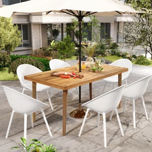 Outdoor Dining Set, 7 Pcs Dining Set for 6 People, Dining Table with Umbrella Hole, Dining Set with PP Chairs and Acacia Table-Coolbibila - 1 of 4