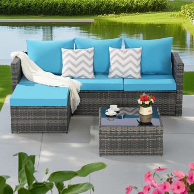 3-Pieces Outdoor Patio L-Shaped Sectional Sofa Set with Glass Coffee Table