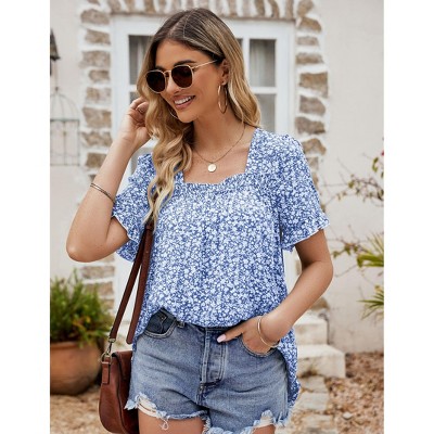 Women's Summer Tops Casual Short Sleeve Tunic Tops Square Neck Smock Tops Cute Blouse for Women