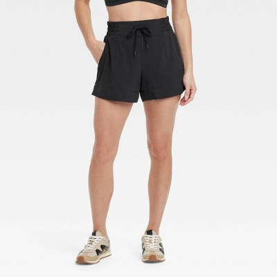 Women's Woven Mid-Rise Shorts 4" - All In Motion™ Black M: Recycled Polyester, Spandex, Moisture Wicking, Quick Dry, UPF 50+