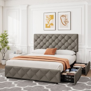 coucheta Bed Frame with Headboard and 4 Storage Drawers, Upholstered  with Stitched Button Tufted - 1 of 4
