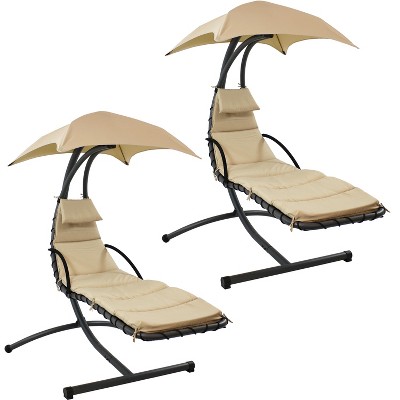 Sunnydaze Outdoor Hanging Chaise Floating Lounge Chair with Canopy Umbrella and Arc Stand, Beige, 2pk