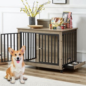 Furniture Style Dog Crate, Heavy Duty Dog Crate With Feeding Bowl, Wheels, Three Doors, Wooden Thickened Dog Cage, Kennel For Living Room - 1 of 4