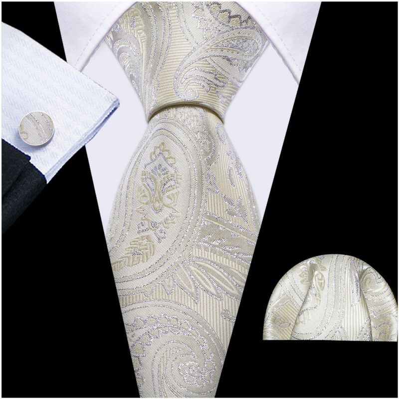 Men's Silver And Yellow Paisley 100% Silk Neck Tie With Matching Hanky And Cufflinks Set, 2 of 4