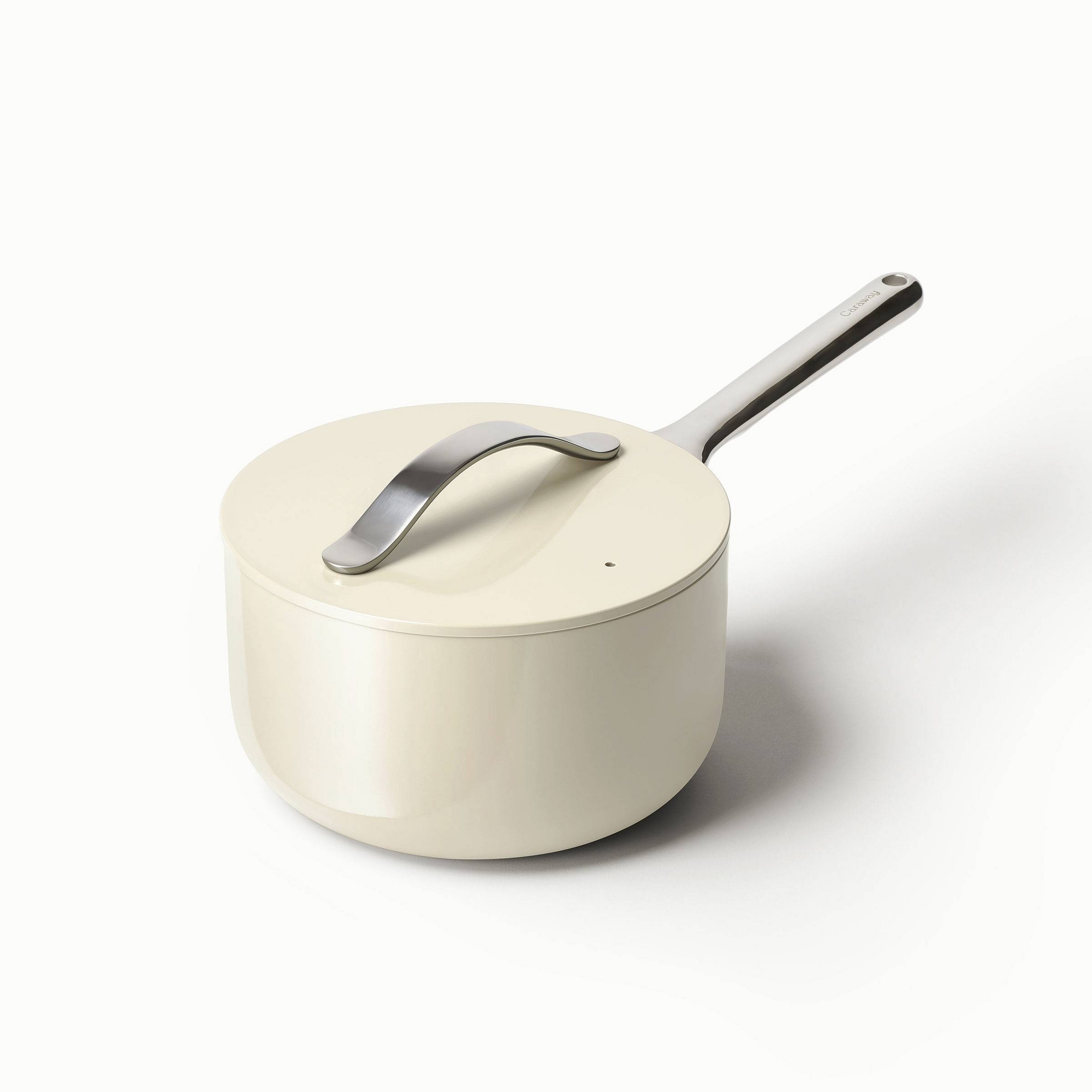 Caraway Home 3qt Sauce Pan with Lid Cream: Nonstick Ceramic, Stainless Steel Handle, Induction & Gas Compatible