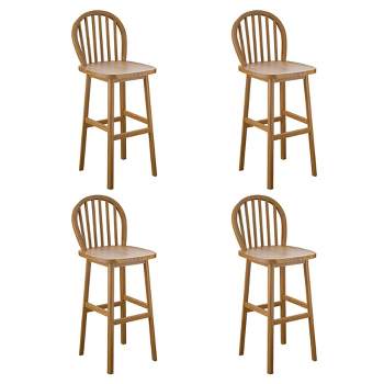 Tangkula Set of 4 Bar Stools Spindle-Back Bar Height Rubber Wood Kitchen Chairs Natural