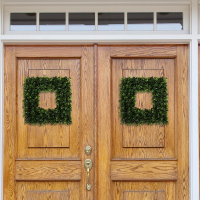 Nature Spring 16" Green Boxwood Artificial Square Wreath for Front Door