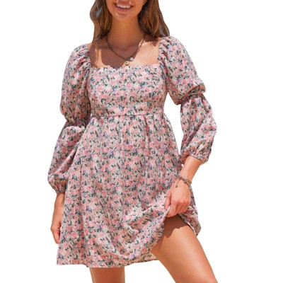 EXLURA Womens Square Neck Dress Long Puff Sleeve A-Line Casual Short Mini Dresses