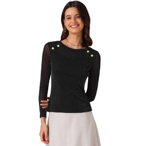 INSPIRE CHIC Women's Glitter Sheer Mesh Crew Neck Long Sleeve Button Decor Top - 1 of 4