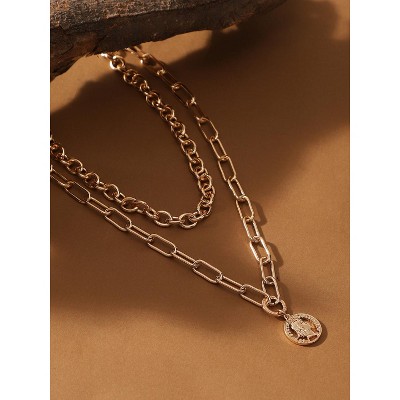 SOHI Women's California Gold The Coin Chainlink Multi-Layer Necklace