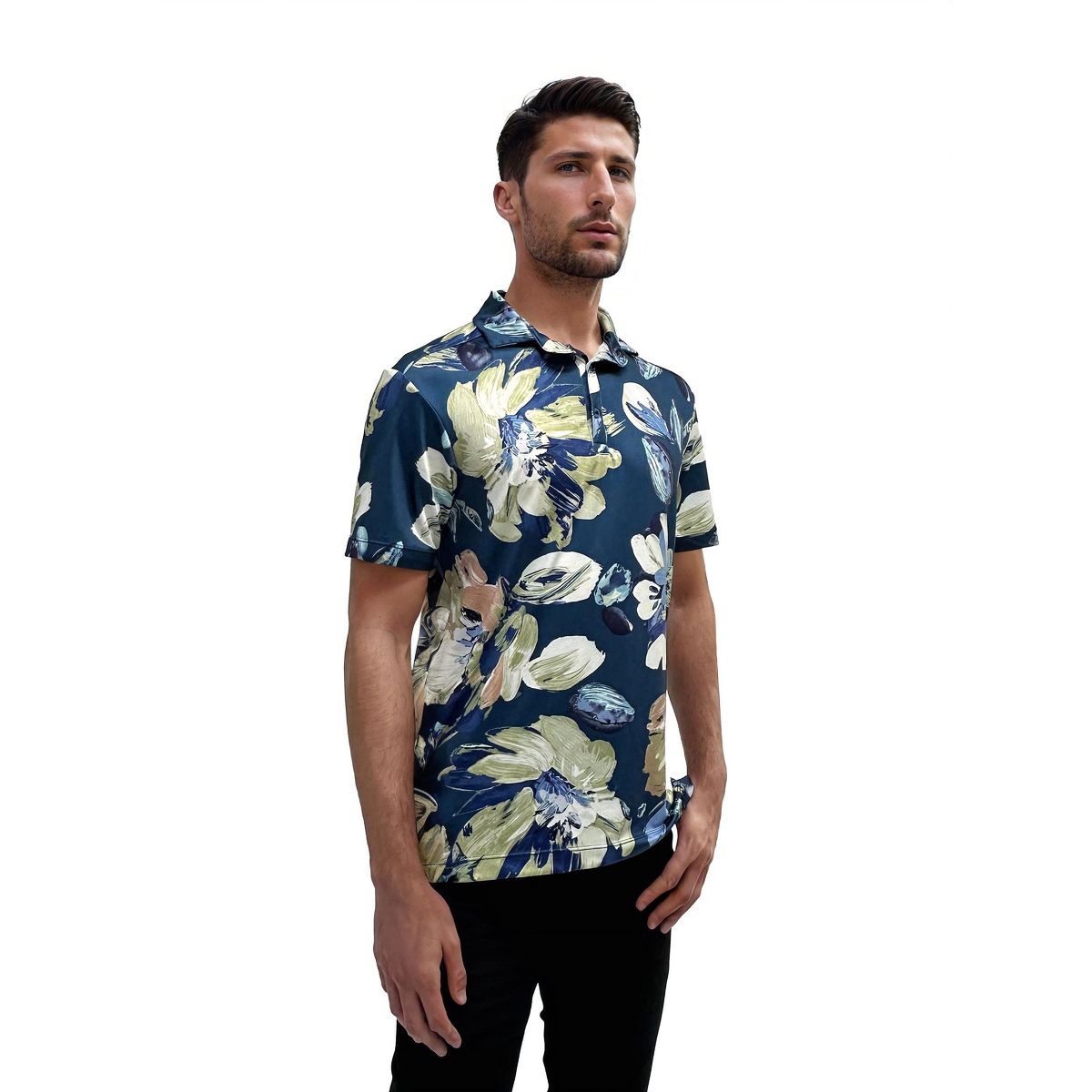 24seven men Wrinkle Resistant 3 Button Machine Washable Blue Floral Polo Shirt - thumbnail 2