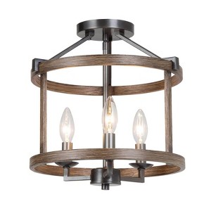 LNC LNC Ribbon 3-Lights 12-in Distressed Black and Brown Wood Grain Drum Modern Farmhouse LED Semi-flush Mount Lights - 1 of 4