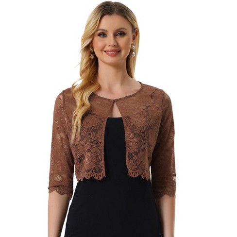 Allegra K Women's Elegant 3/4 Sleeve Sheer Floral Lace Cropped Bolero ...