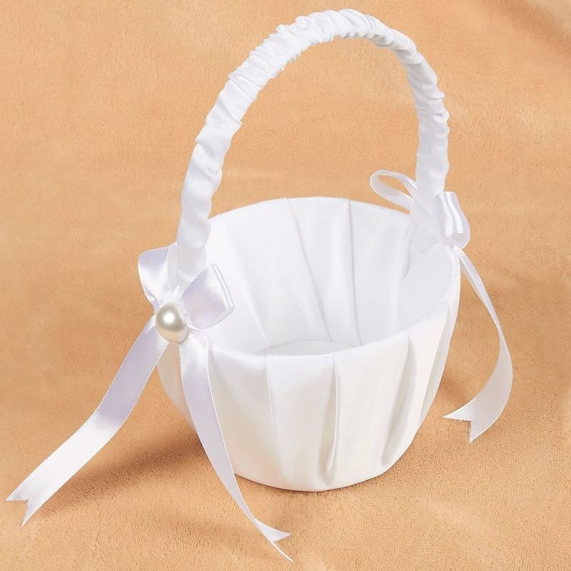 Juvale White Flower Girl Basket for Weddings - Flower Pedal Basket in Satin Bowknot and Pearl Design (8 x 5.2 x 6 In), 3 of 8