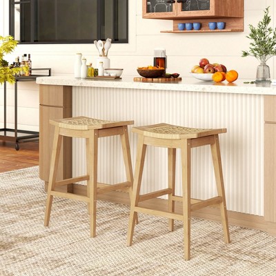 Natural Teak Wood and PE Rattan Bar Height Stools, Set of 4