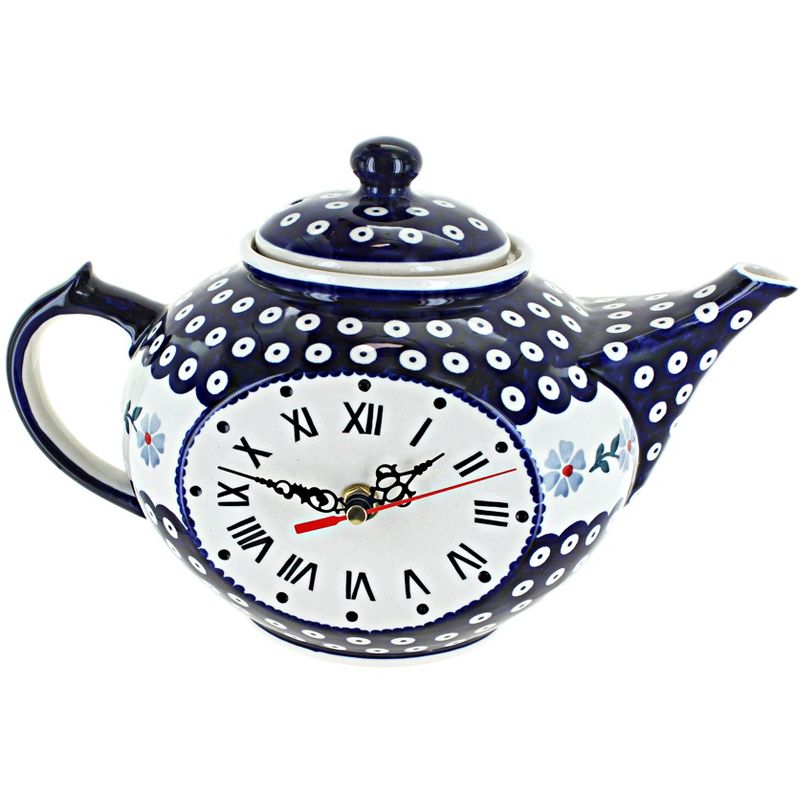 Blue Rose Polish Pottery Z142 Manufaktura Mantle Teapot Clock, 1 of 2