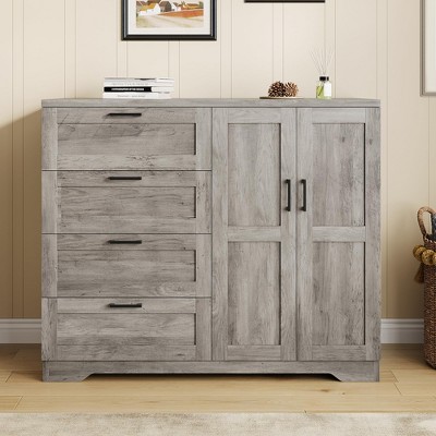 Multifunctional Wooden Dresser for Bedroom, 43.3'' H 2 Door Wardrobe Armoire Closet w/4 Drawers and Hanging Rod,Low Storage Cabinet for Hanging Cloth
