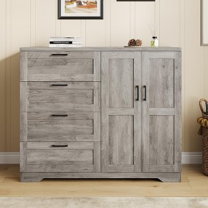 Multifunctional Wooden Dresser for Bedroom, 43.3'' H 2 Door Wardrobe Armoire Closet w/4 Drawers and Hanging Rod,Low Storage Cabinet for Hanging Cloth - 1 of 4