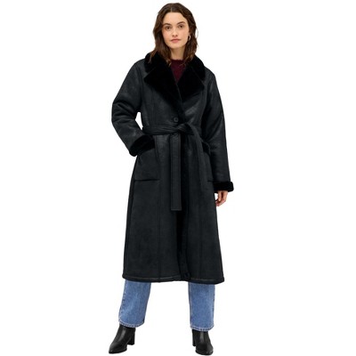 ellos Women's Plus Size Long Faux Shearling Coat With Belt