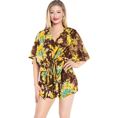 LA LEELA Women's Beachwear Summer Swim Beach Dress Cover Ups for Swimwear Women Plus Size Casual Swimsuit Coverups for Women 3X-4X Brown, Floral