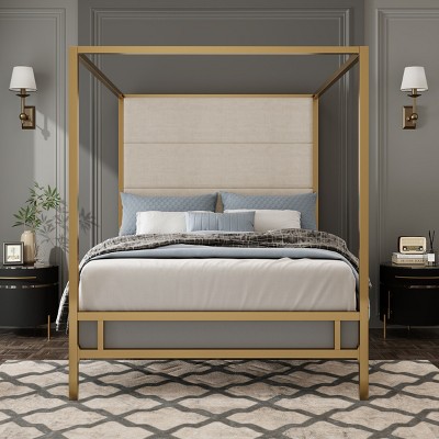 Canopy Bed, Bed with Upholstered Linen Fabric Headboard, Bed with 4-Poster Frame, Stylish Design Bed with Metal Frame-Baofuwish