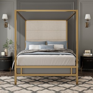 Canopy Bed, Bed with Upholstered Linen Fabric Headboard, Bed with 4-Poster Frame, Stylish Design Bed with Metal Frame-Baofuwish - 1 of 4