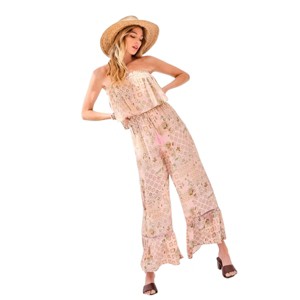 Slickblue Tube Top Ruffle Waist Jumpsuit with Lace Trim and Elastic Bottom - Blush/Light Sage, Size S-L - 1 of 4