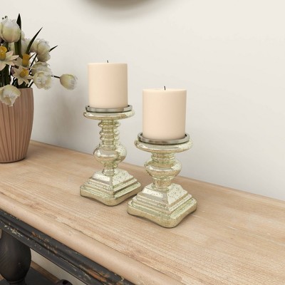 Elegant Silver Mercury Glass Pillar Candle Holder Set, 9" & 7"H