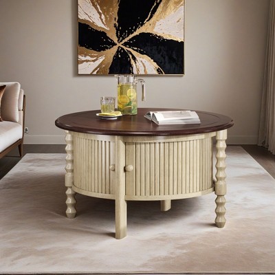 Vintage Round Coffee Table with Storage in 30.3" for Living Room, Mid Century Modern Cocktail Table with Sliding Door - Leovsnove