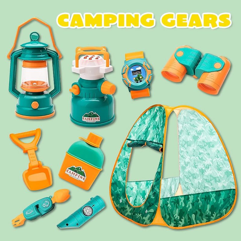 Syncfun 41 Pcs Kids Camping Tent Set with Camping Gear, Includes Kids Tent, Oil Lantern, Food Toys, Binoculars, Flashlights, Compass, 3 of 9