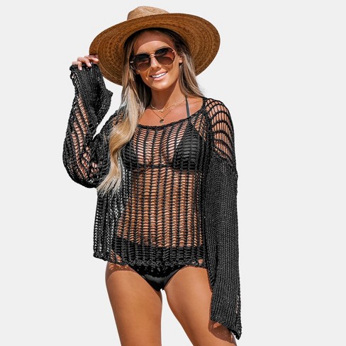 Women's Sheer Crochet Swim Cover Up Top - Cupshe-black-l : Target