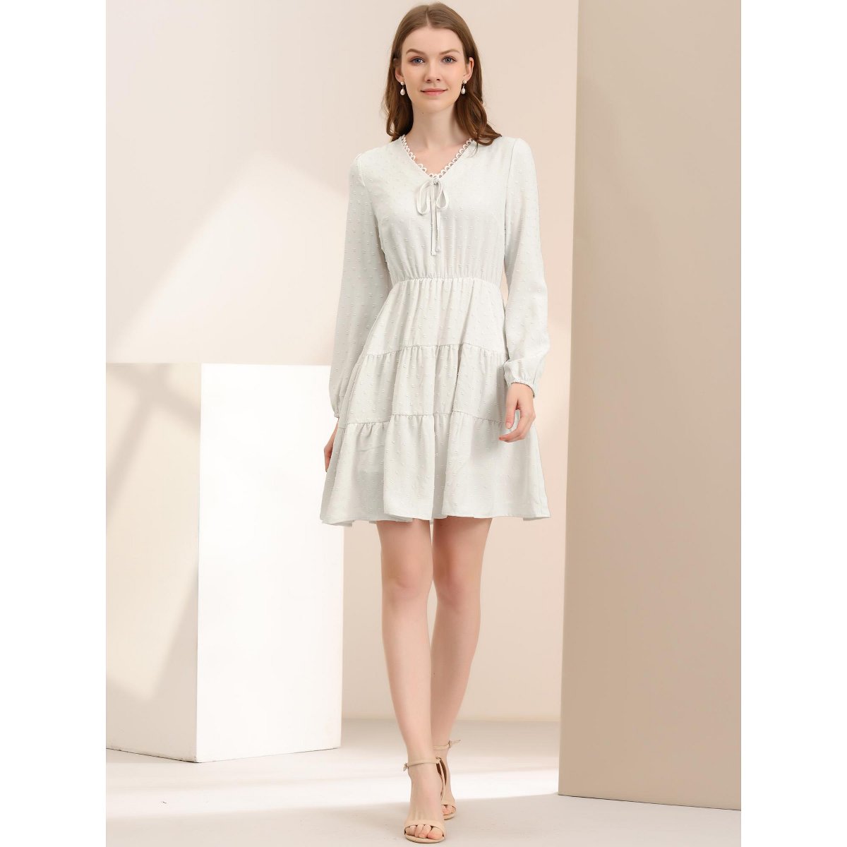 Женские платья INSPIRE CHIC Women's Puff Sleeve V Neck A-Line Tiered Swiss Dots Dress Small White — фото 2