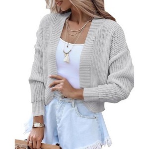 Women's Long Sleeve Open Front Knit Cropped Cardigan Sweaters Casual Drop Shoulder Short Shrugs Sweater Coats - 1 of 4