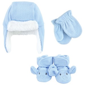 Hudson Baby Trapper Hat, Mitten and Bootie Set, Blue Elephant - 1 of 4