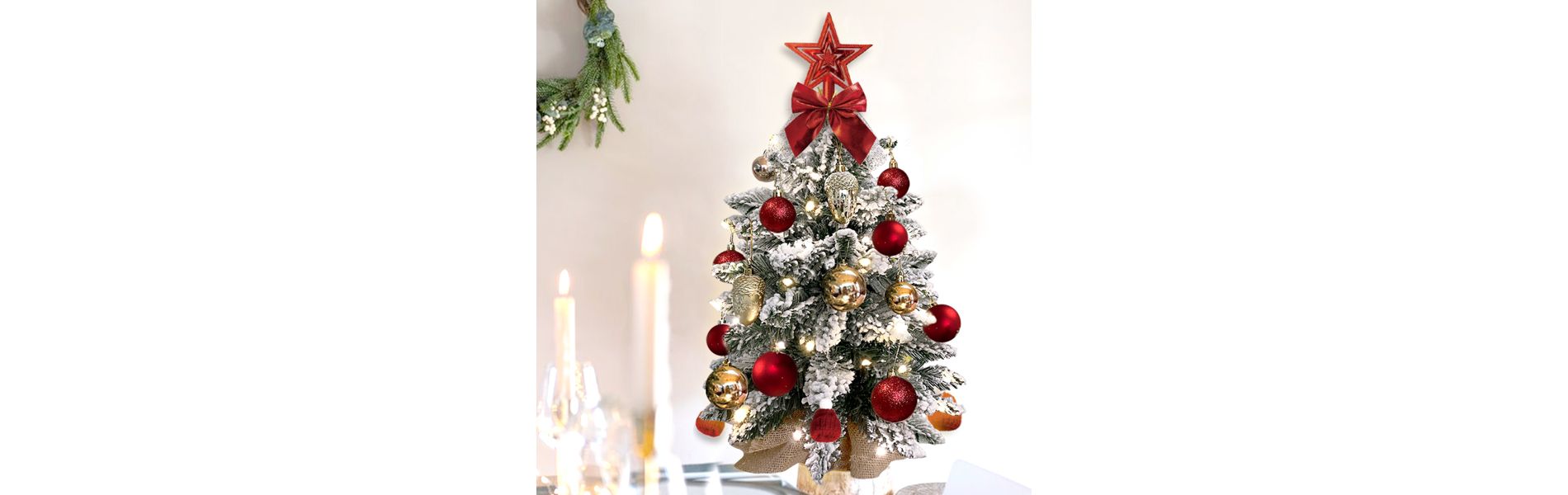 22in Tabletop Christmas Tree with Light Artificial Small Mini Red Christmas Decoration with Flocked Snow, Exquisite Decor & Xmas Ornaments