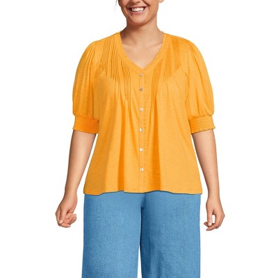 Lands' End Women's Button Pintuck Puff Sleeve Top