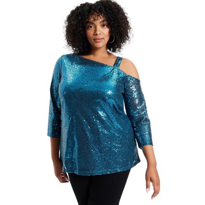 June + Vie by Roaman's Women's Plus Size Sequin One-Shoulder Top