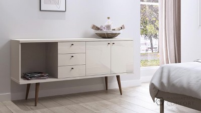 Utopia 30'' White Gloss and Maple Cream Mid-Century Wide Dresser