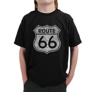 LA Pop Art Boy's Word Art T-shirt - CITIES ALONG THE LEGENDARY ROUTE 66 Black Medium - 1 of 4