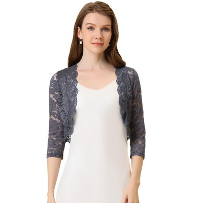 Allegra K Women's Elegant 3/4 Sleeve Sheer Floral Lace Shrug Dark Gray ...