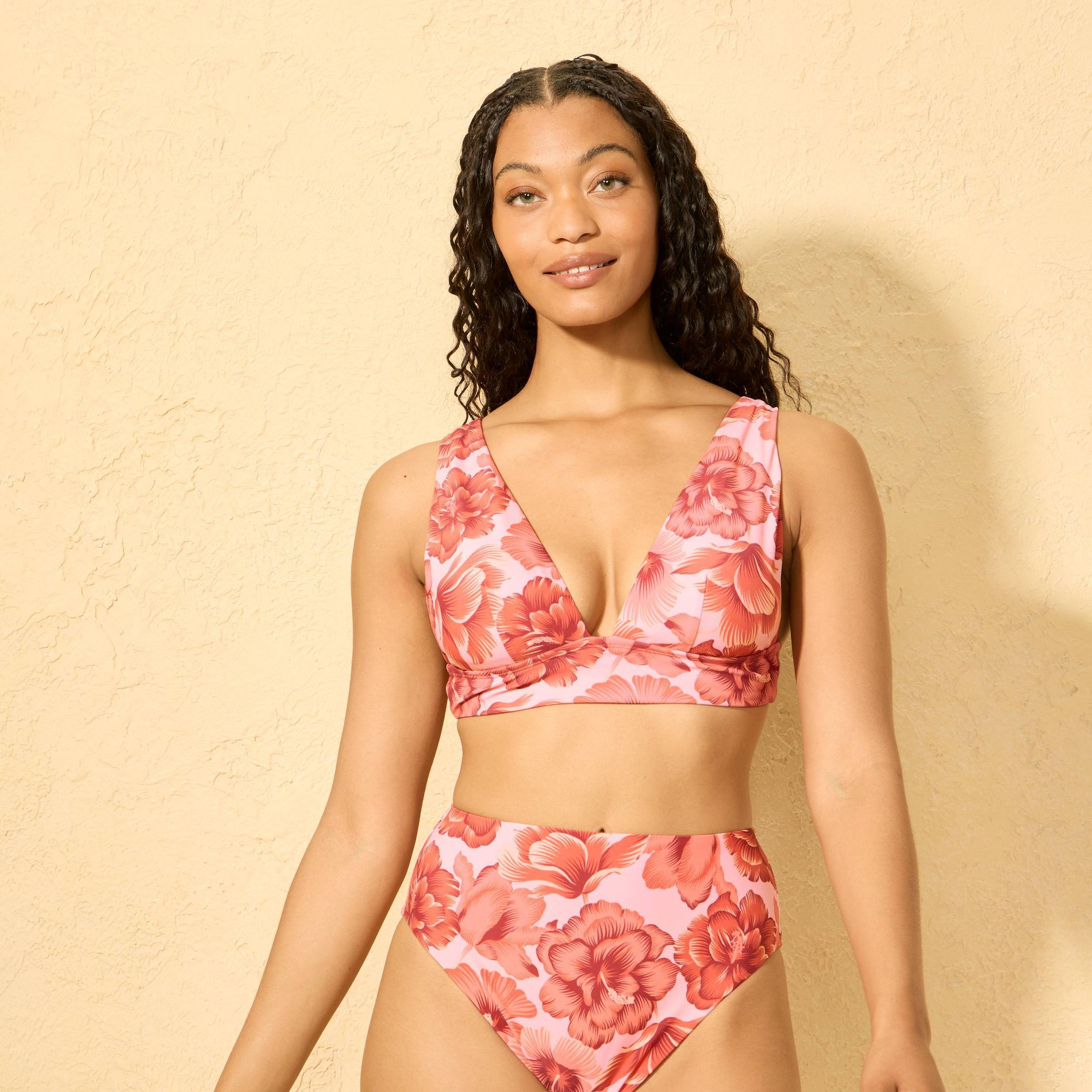 Women's Hibiscus Print Longline Bikini Top - Shade & Shore™ Pink