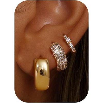 Chunky Gold Hoop Earrings for Women Non Tarnish 14K Gold Filled Huggie Hoop Earring Stacks for Multiple Piercing Lightweight 3Pairs