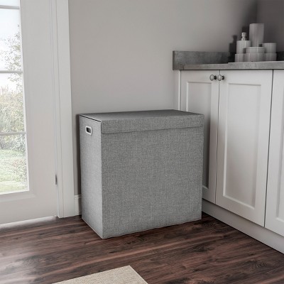 Hastings Home Collapsible Double Laundry Hamper / 2-Section Clothing Sorter With Removable Lid and Mesh Liner Bags - 25.5" x 14.5", Gray