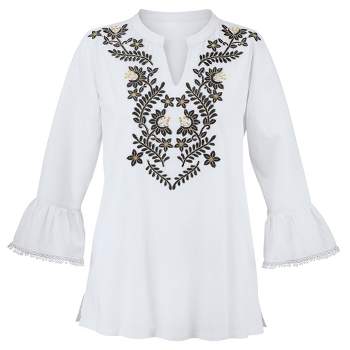 Collections Etc Embroidered 3/4 Length Bell Sleeves V-Neck Tunic