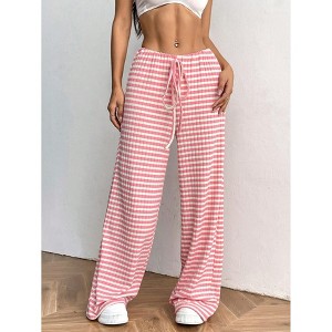 Womens Pants Casual Striped Elastic Waist Straight Leg Long Pants - 1 of 4