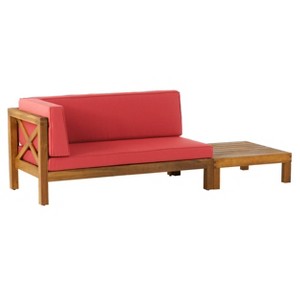 2pc Brava Outdoor Acacia Wood Left Arm Loveseat & Coffee Table with Cushion Teak/Red - Christopher Knight Home: Rustic Modern Patio Set - 1 of 4