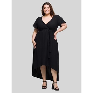 24seven Comfort Apparel Plus Size V Neck Belted Faux Wrap High Low Dress - 1 of 4