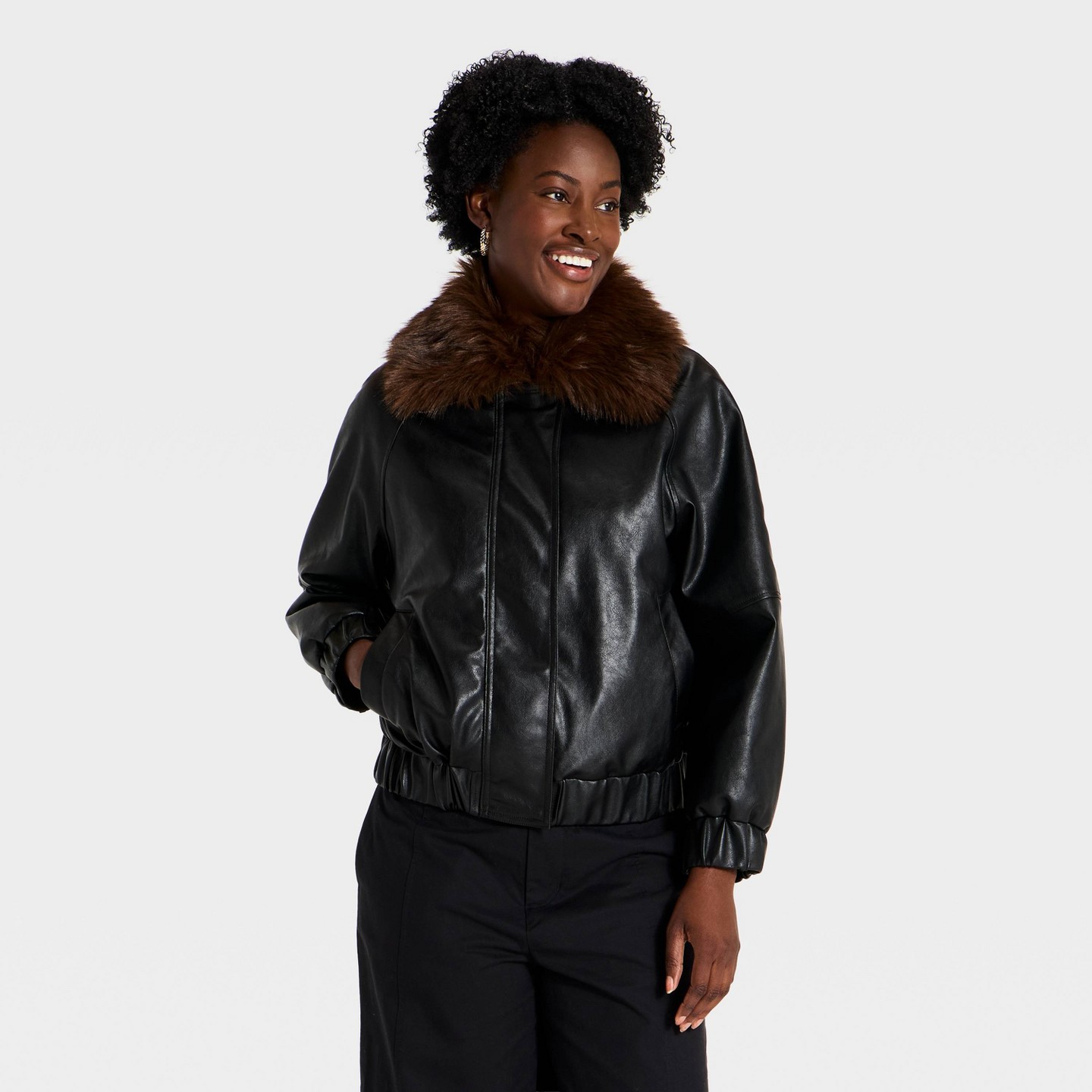Женская куртка A New Day Faux Leather Bomber, цвет: Чёрный — фото 1
